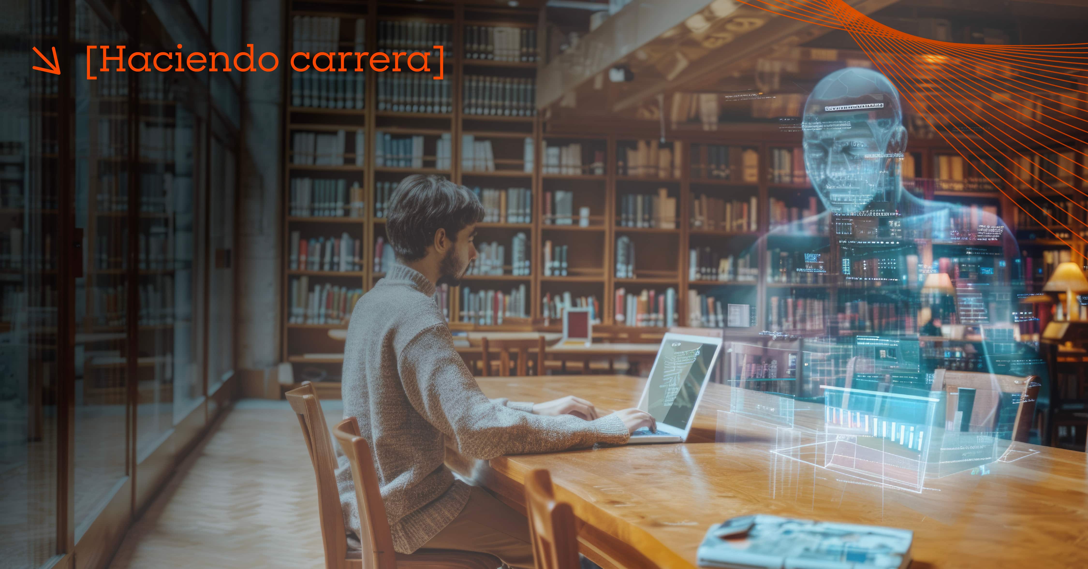 alumno en biblioteca utilizando la IA y observando un holograma