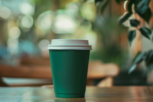 vaso de starbucks con fondo de plantas