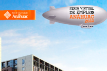 Imagen de un dirigible metálico que dice Feria Virtual del Empleo Anaáhuac 2022.
